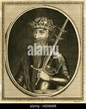 Gravure ancienne 1785, le roi Édouard III. Édouard III (1312-1377) Roi d'Angleterre à partir de 25 janvier 1327 jusqu'à sa mort ; il est connu pour ses succès militaires et pour la restauration de l'autorité royale après la désastreuse et non orthodoxes règne de son père, Edward II. SOURCE : gravure originale. Banque D'Images