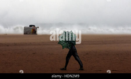 (161213) -- Chennai, Inde, 13 décembre 2016 (Xinhua) -- des vagues énormes lieu à la Marina Beach lorsque le Cyclone approches Vardah à Chennai, capitale de l'Etat indien du Tamil Nadu, le 12 décembre 2016. Au moins deux personnes ont été tuées et plus de milliers évacués lundi dans deux états du sud de l'Inde du Tamil Nadu et l'Andhra Pradesh, comme Vardah Cyclone fouetté leurs zones côtières, ont dit. (Xinhua/Stringer)(aa) Banque D'Images