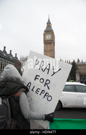 London UK. 13 décembre 2016. Un petit groupe de manifestants devant le Parlement d'exhorter le gouvernement britannique pour aider à sauver la ville d'Alep contre le régime Assad, aidé par les bombardements russes Crédit : amer ghazzal/Alamy Live News Banque D'Images