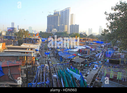 25 novembre 2016 - Mumbai, Maharashtra, Inde - 25 Nov 2016 - DhobiGhat, Mumbai - Inde..La vue de la Dhobi Ghat au quartier Mahalaxmi à Mumbai...Le Dhobi Ghat à Mumbai est souvent appelé le worldÃ•s plus grande piscine en plein air blanchisserie et le site historique, construit par les Britanniques dans les années 1880, est même devenu une attraction touristique. Mais que les développeurs se fermer sur la précieuse terre autour de lui, certains des washermen dhobis, ou, s'interrogent sur leur avenir...Le vendredi, les bulldozers ont rasé 800 huttes dans le bidonville autour du site, dont beaucoup étaient occupées par les dhobis et leur familie Banque D'Images