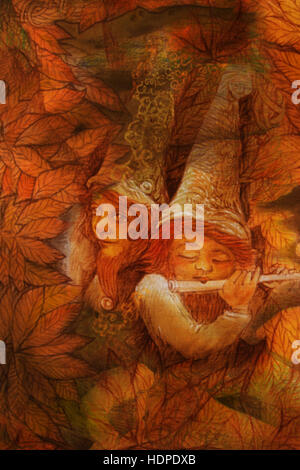 Deux petits lutins cachés dans les feuilles d'automne, l'illustration de conte. Banque D'Images
