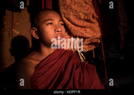 Portrait d'un jeune novice, moine bouddhiste au monastère Shwe Yan Pyay, Nyaungshwe, Myanmar. Banque D'Images