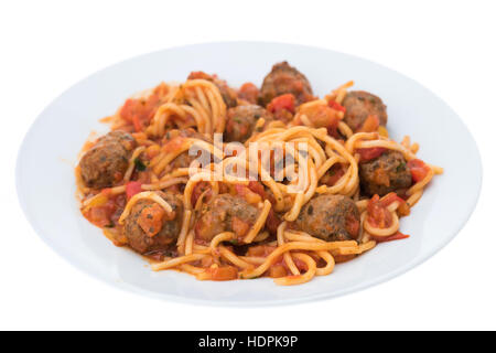 Spaghetti aux Boulettes de boeuf - Fond blanc Banque D'Images