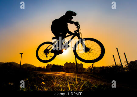 Silhouette de Stunt Bmx Rider - le ton des couleurs à l'écoute Banque D'Images