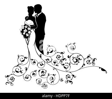 Un couple de jeunes mariés en silhouette avec une robe bustier blanche robe tenant un bouquet de fleurs et un motif floral abstrait conce Banque D'Images