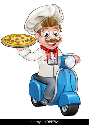 Chef ou cuisinier Cartoon character équitation un cyclomoteur moto scooter de livraison et tenant une pizza Banque D'Images