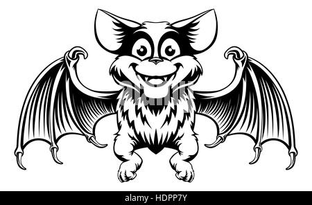 Un cute cartoon Halloween bat dans une gravure sur bois vintage style noir et blanc Banque D'Images