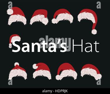 Collection de rouge santa hats. Vector illustration. Nouvelle année accessoire sur fond noir. Maison de vacances d'hiver isolé de l'élément de costume. Joyeux noël masquerade les vêtements. Illustration de Vecteur