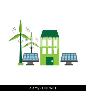 Éoliennes, panneaux solaires et green building icons sur fond blanc. design coloré. vector illustration Illustration de Vecteur