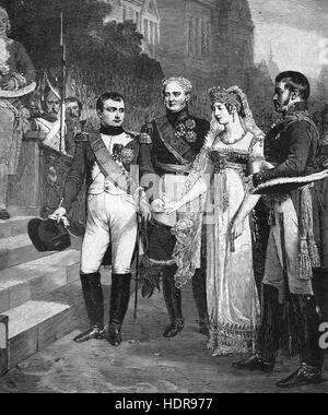 Traité de tilsit le 9 juillet 1807. La réception de Napoléon reine de Prusse avec le tsar Alexandre de Russie entre eux. Banque D'Images