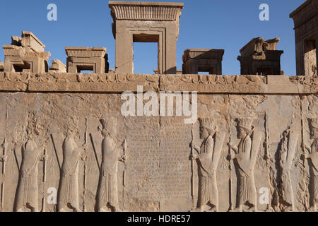 Sculptures sur un mur à l'ancienne cité de Persépolis, la province du Fars, Iran Banque D'Images