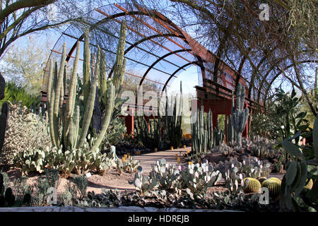 Entrée portail Jardin botanique du désert, Phoenix, Arizona avec des cactus et des plantes du désert. Banque D'Images