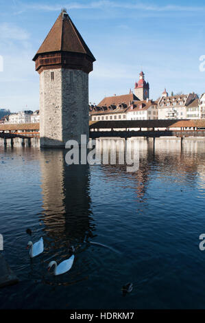 Lucerne, Suisse, Skyline : vue sur la célèbre Tour de l'eau et le pont de la chapelle, la passerelle couverte en bois construit en 1333 sur la rivière Reuss Banque D'Images