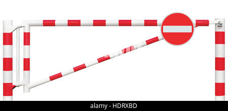 Route fermée, aucune entrée libre barrière Signe, Chaussée Gate Bar lumineux en blanc et rouge, bloc d'arrêt de la circulation et de la sécurité du véhicule, passerelle de gated Banque D'Images
