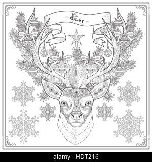 Coloriage cerfs gracieux dans le style Noël Illustration de Vecteur