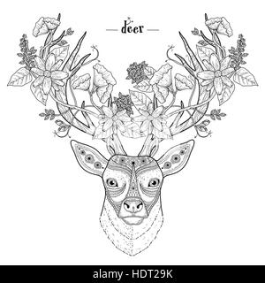 Coloriage tête de cerf élégant dans un style exquis Illustration de Vecteur