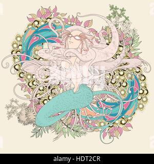 Jolie sirène coloriage avec éléments floraux en ligne exquis Illustration de Vecteur