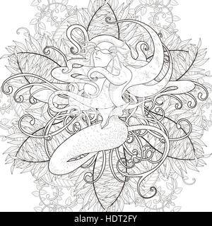 Jolie sirène coloriage avec éléments floraux en ligne exquis Illustration de Vecteur