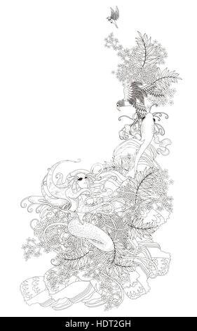 Jolie sirène coloriage avec éléments floraux en ligne exquis Illustration de Vecteur