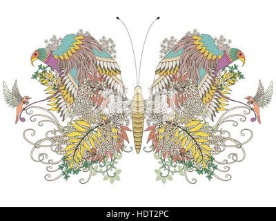 Coloriage papillon créatif page avec des éléments floraux en ligne exquis Illustration de Vecteur