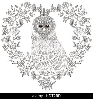 Joli hibou coloriage avec éléments floraux en ligne exquis Illustration de Vecteur