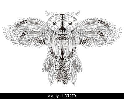 Flying owl coloriage avec capteurs de rêve en ligne exquis Illustration de Vecteur