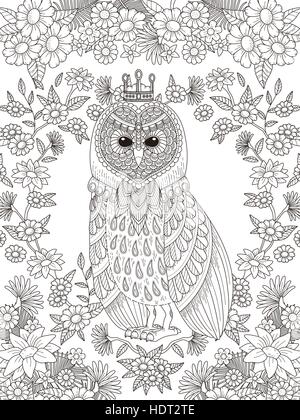 Joli hibou coloriage avec éléments floraux en ligne exquis Illustration de Vecteur