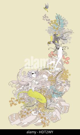 Jolie sirène coloriage avec éléments floraux en ligne exquis Illustration de Vecteur