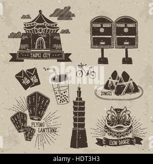 Retro design plat spécialités Taiwan - le mot sur enveloppes rouges signifie bénédiction en chinois Illustration de Vecteur