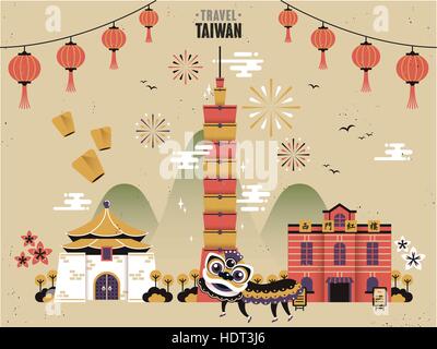 Taiwan voyage culturel concept en modèle plat Illustration de Vecteur
