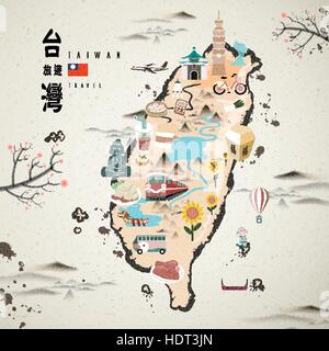Des attractions célèbres de Taiwan la carte de voyage dans le style d'encre Illustration de Vecteur