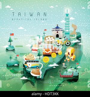 Attractions et Taiwan fantastique voyage plats carte en 3D isométrique style Illustration de Vecteur