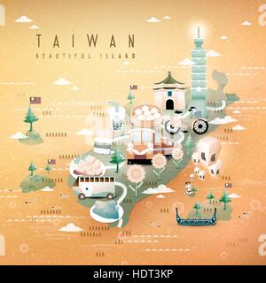 Attractions et Taiwan fantastique voyage plats carte en 3D isométrique style Illustration de Vecteur