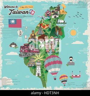 Des plats colorés et attractions Taiwan travel map en version plate Illustration de Vecteur