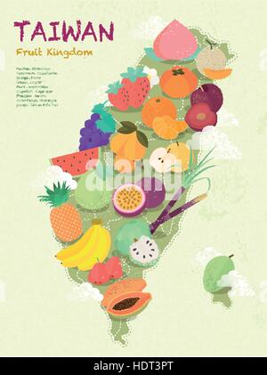 Adorable carte royaume de fruits de Taiwan en modèle plat Illustration de Vecteur