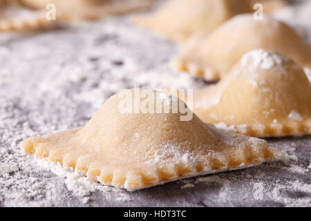 Raviolis crus italiens sur une table farinée horizontale de macro. Banque D'Images