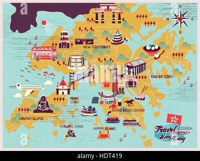 Belle carte de voyage de Hong Kong avec des attractions icônes de modèle plat Illustration de Vecteur