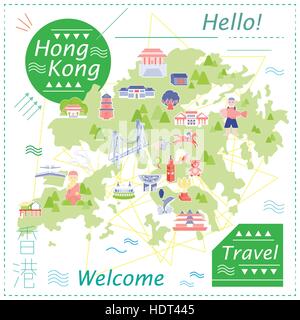 Belle carte de voyage Hong Kong dans un style plat Illustration de Vecteur