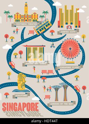 La carte de voyage Singapour avec de belles attractions touristiques dans modèle plat Illustration de Vecteur