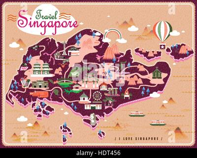 La carte de voyage Singapour avec de belles attractions touristiques dans modèle plat Illustration de Vecteur