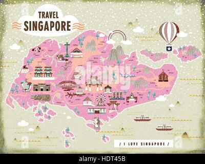 La carte de voyage Singapour avec de belles attractions touristiques dans modèle plat Illustration de Vecteur