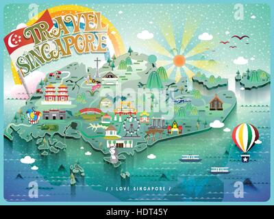 Belle carte de voyage Singapour avec l'icône colorée attractions touristiques Illustration de Vecteur