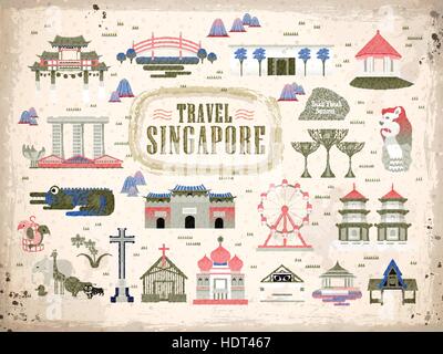 Singapore attractions à voir dans la collection style plat Illustration de Vecteur