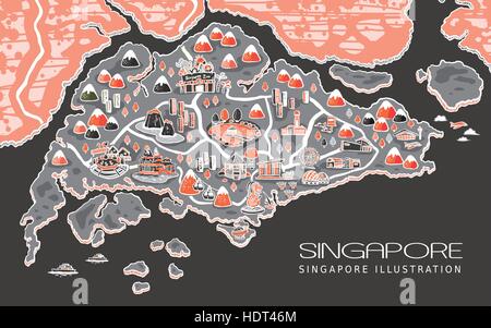 Adorable carte de voyage de Singapour dans un style dessiné à la main Illustration de Vecteur