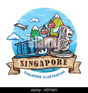 Joli paysage de Singapour dans la conception d'affiches style dessiné à la main Illustration de Vecteur