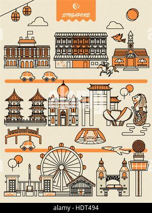 Singapore attractions à voir l'affiche en style plat Illustration de Vecteur