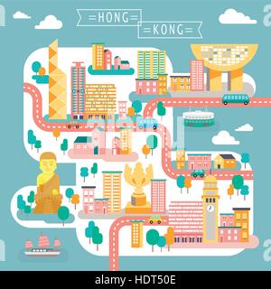 Belle carte de voyage Hong Kong dans la conception de style plat Illustration de Vecteur