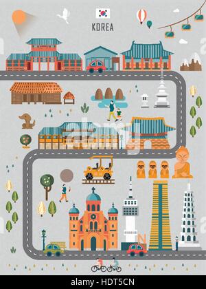 Adorable Corée du travel map poster dans le style plate Illustration de Vecteur