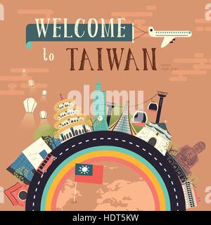 Belle conception de l'affiche de voyage Taiwan avec de célèbres attractions touristiques Illustration de Vecteur