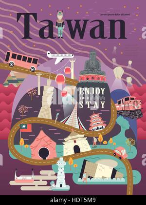 Belle conception de l'affiche de voyage Taiwan avec de célèbres attractions touristiques Illustration de Vecteur